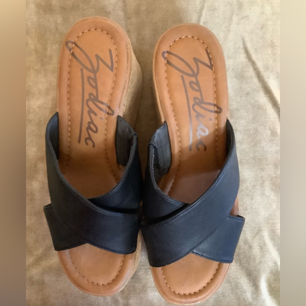 Zodiac Black and Tan Leather Wedge Slide Sandals